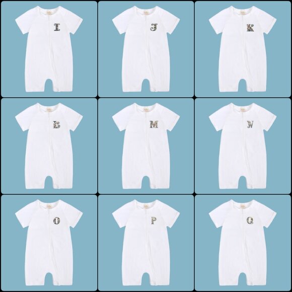 *MONOGRAM* BABY ROMPER-NWT Short Sleeve Short Bodysuit Double Zip Cotton White - Picture 13 of 16